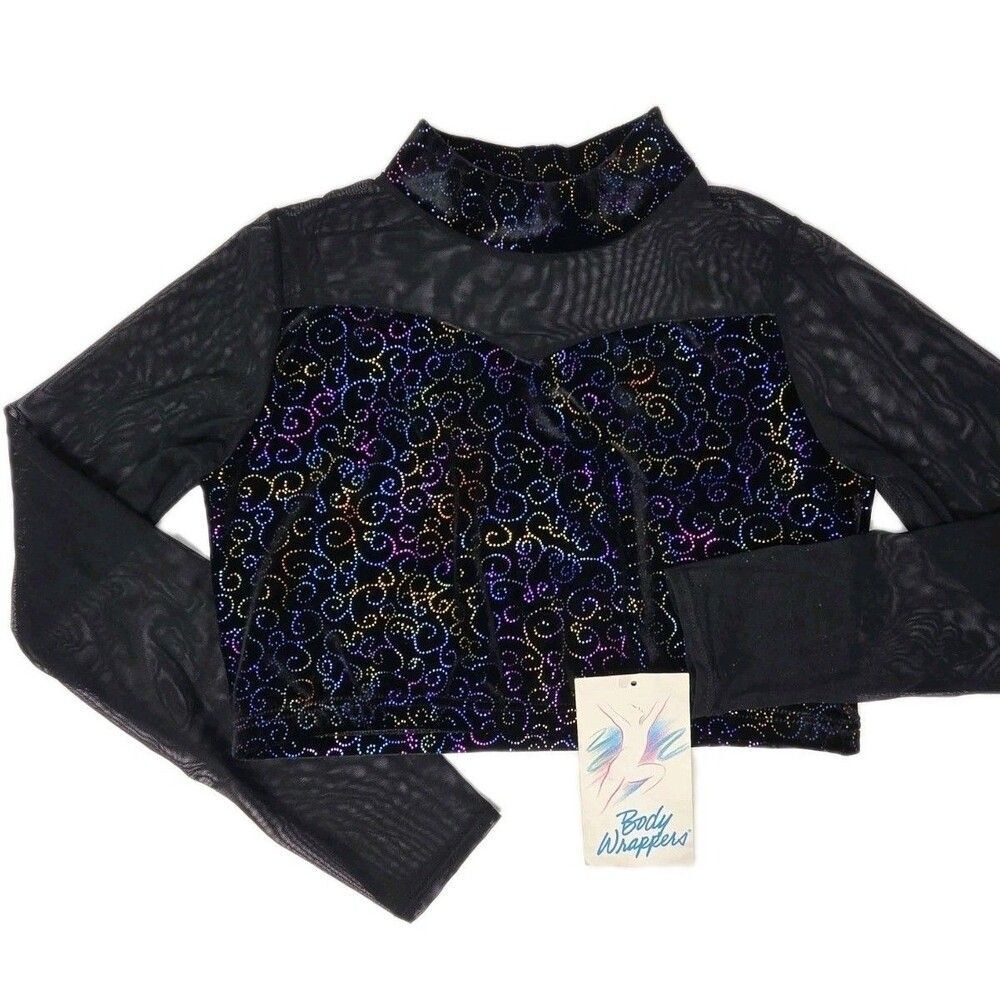 Body Wrappers VTG Mesh Velvet LS Mock Neck Dance Midriff Bling Top Preteen (XS) - Picture 3 of 16